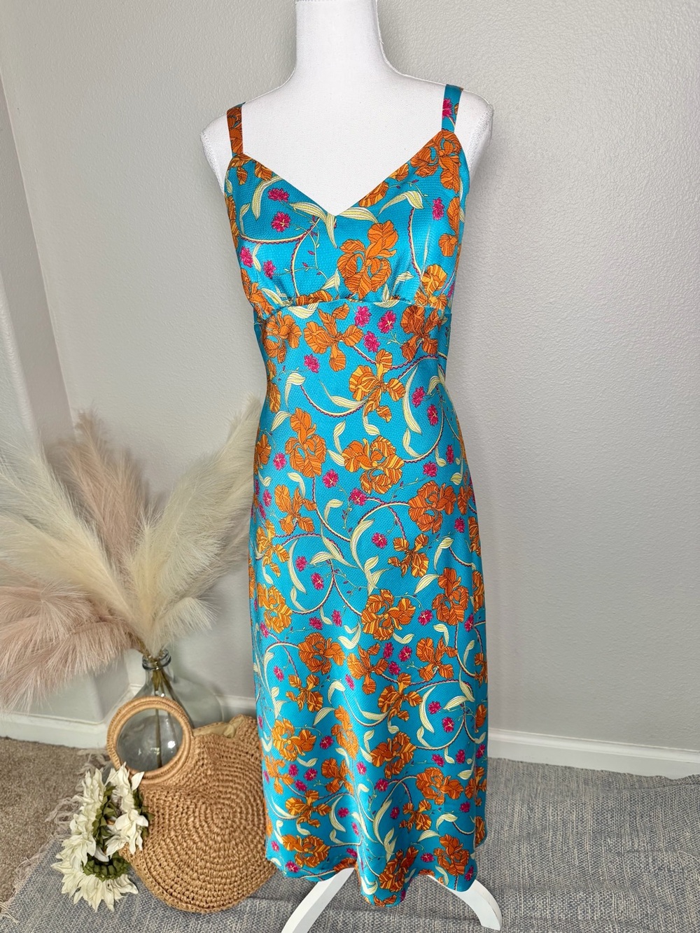 Tropical Vacation Turquoise Floral Dress with Orange Bloom